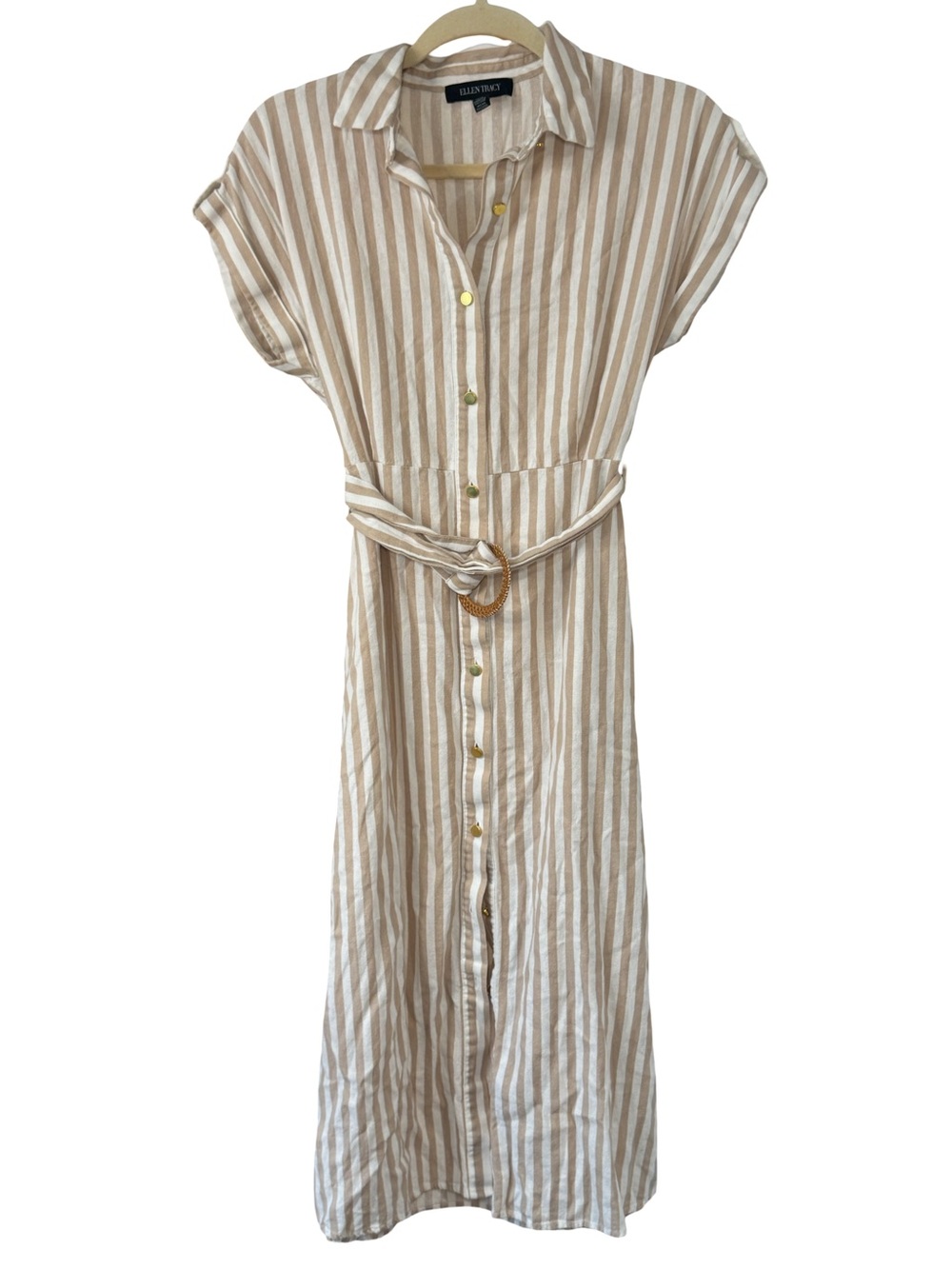 Ellen Tracy Beige & White Striped Linen Midi buttoned Shirt Dress with Belt